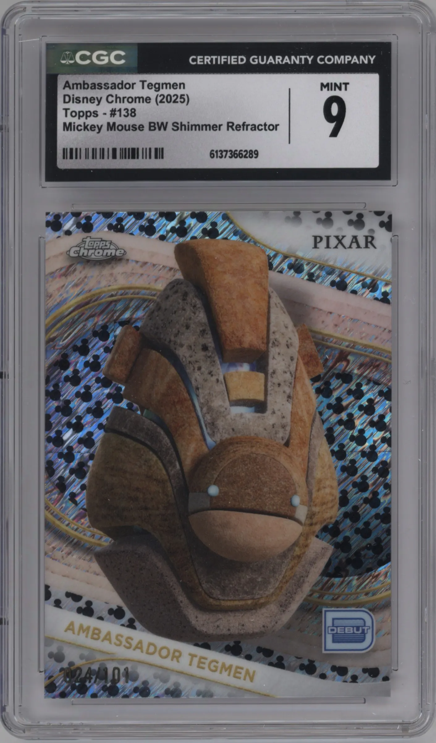 2025 Topps Chrome Disney Ambassador Tegmen Mickey Mouse Black & White Shimmer #138 CGC 9