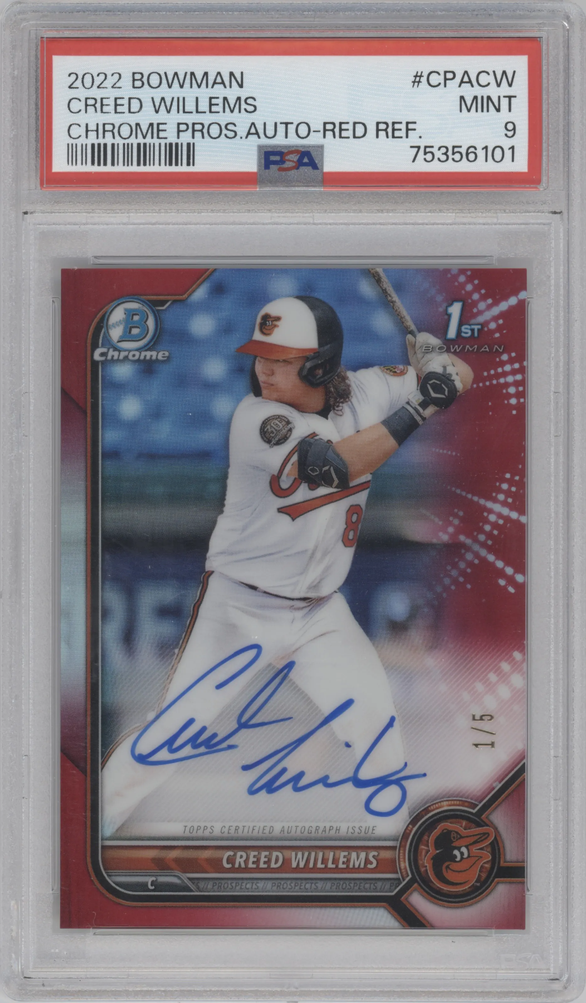 2022 Bowman Chr.Pros.Auto Creed Willems Red Refractor PSA 9