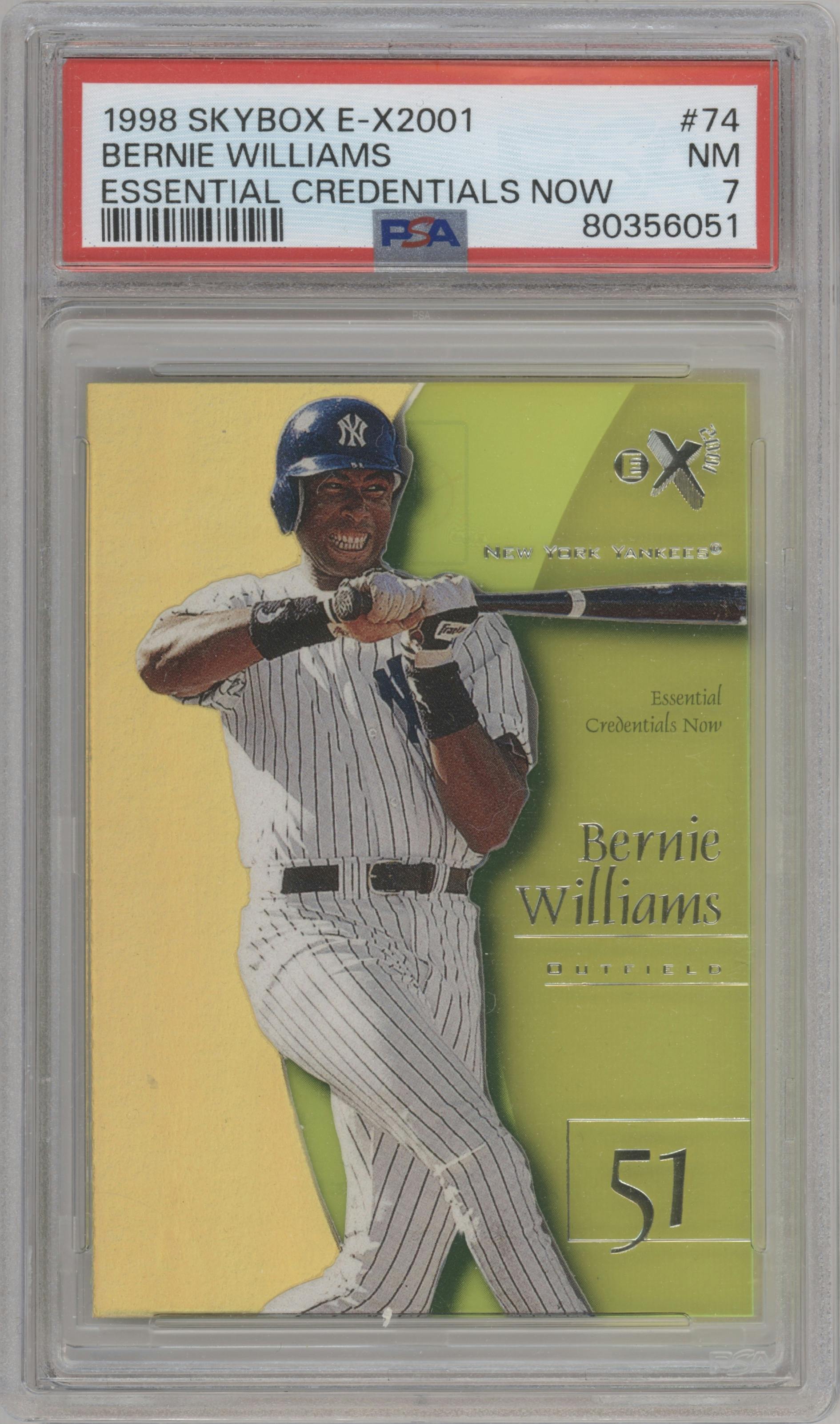 Bernie Williams  from the 1998 SkyBox E-X2001 set featuring a Essential Credentials Now parallel graded by PSA and given an overall grade of 7.