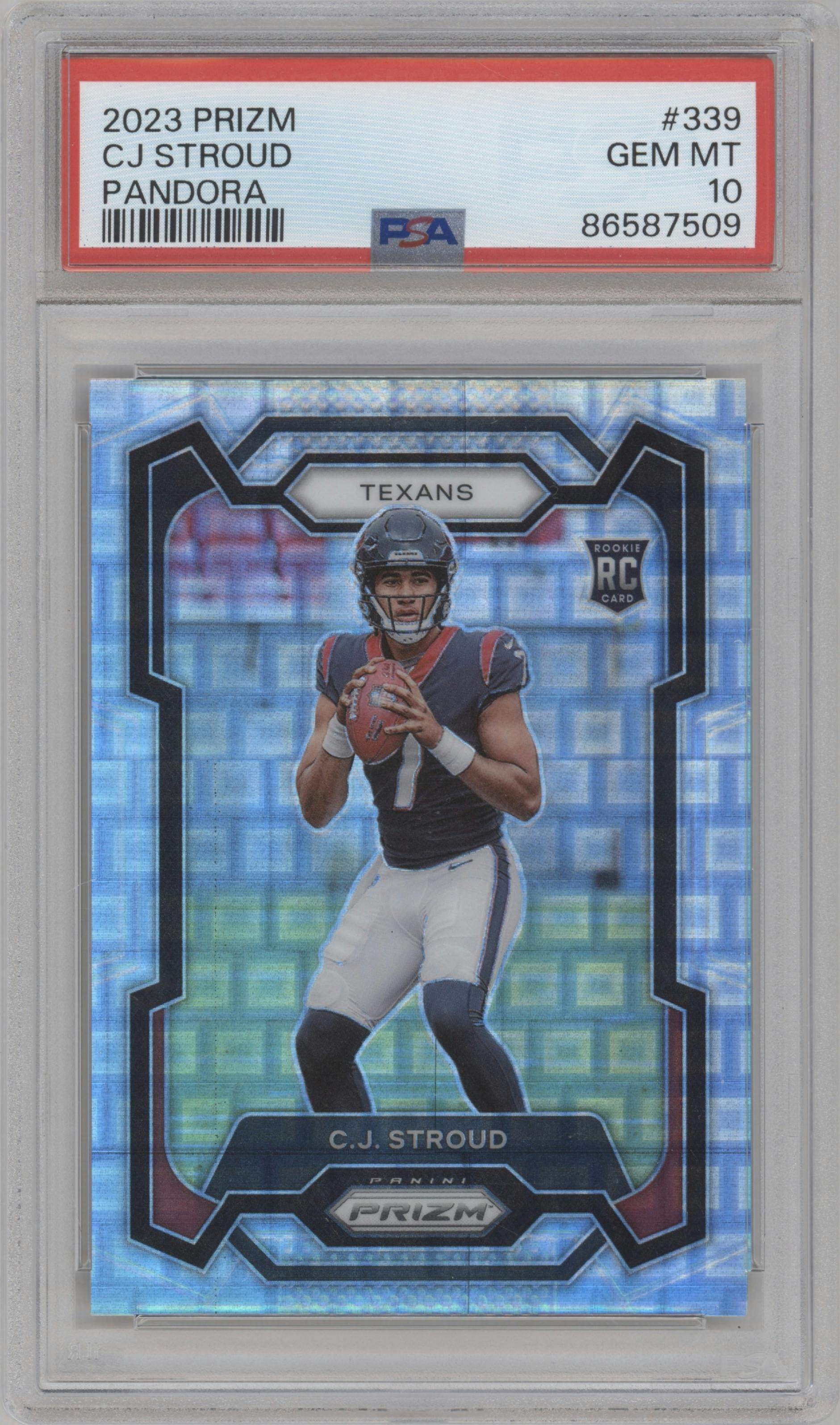 C.J. Stroud from the 2023 Panini Prizm set featuring a Pandora parallel graded by PSA and given an overall grade of 10.