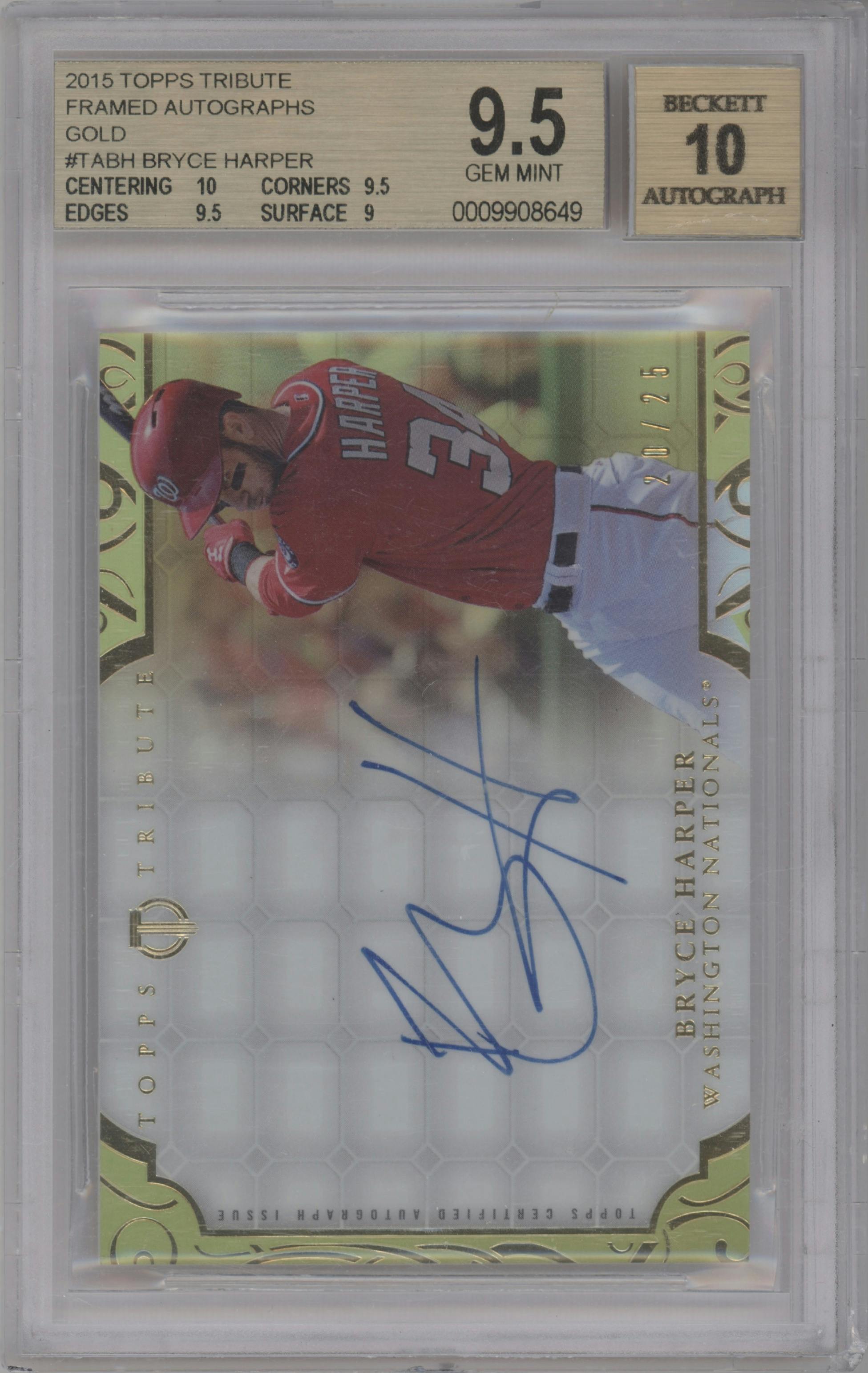 Bryce Harper from the 2015 Topps Tribute set featuring a Gold parallel graded by Beckett and given an overall grade of 9.5.