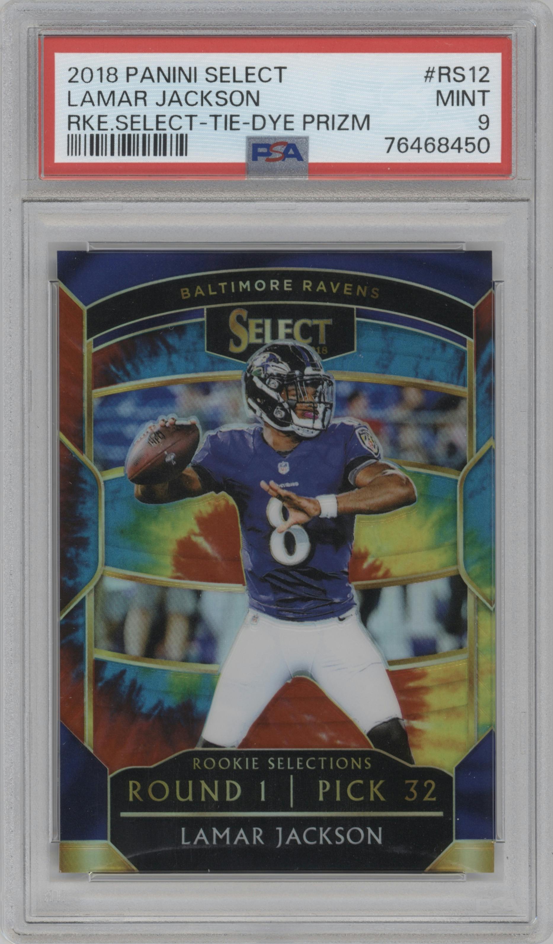 Lamar Jackson from the 2018 Panini Select set featuring a Tie-Dye Prizm parallel graded by PSA and given an overall grade of 9.