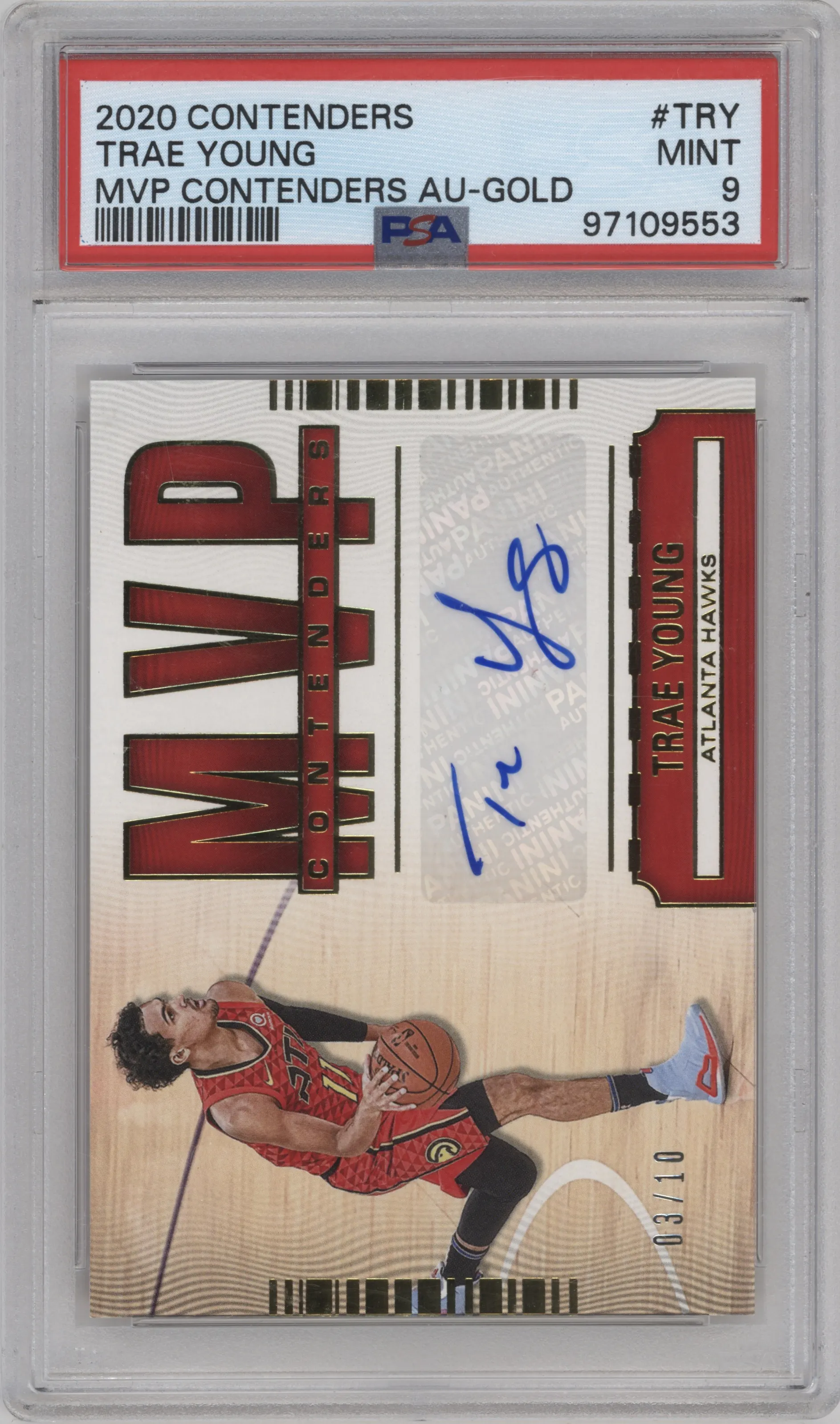 2020 Panini Contenders MVP Contenders Auto Trae Young Gold #MC-TRY PSA 9
