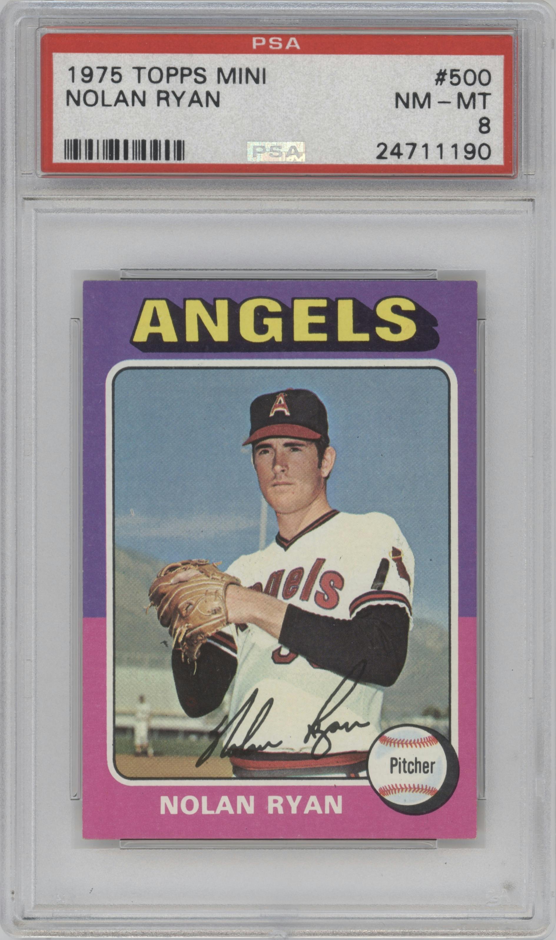 Nolan Ryan from the 1975 Topps Mini set graded by PSA and given an overall grade of 8.