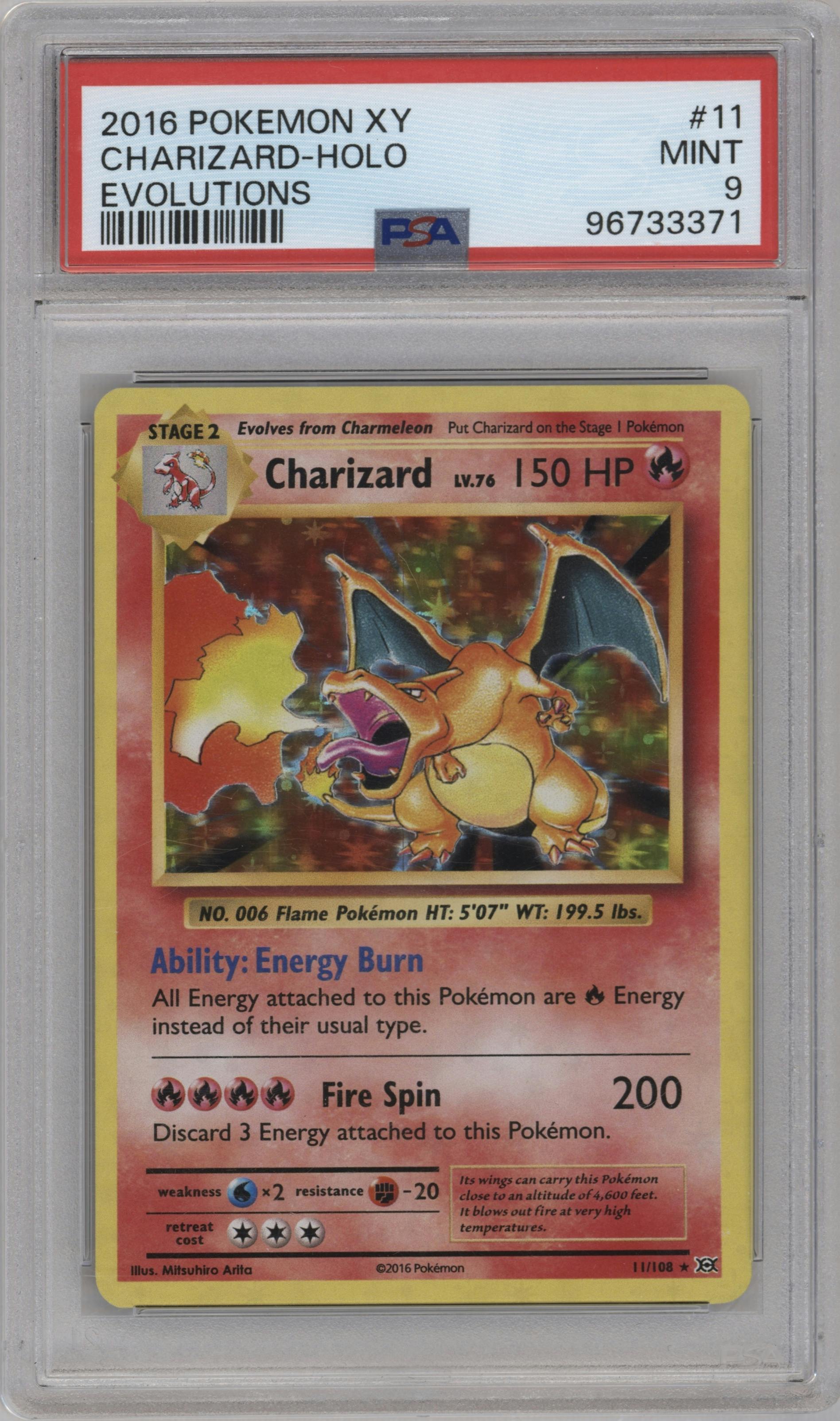 Charizard  from the 2016 Pokemon XY set graded by PSA and given an overall grade of 9.