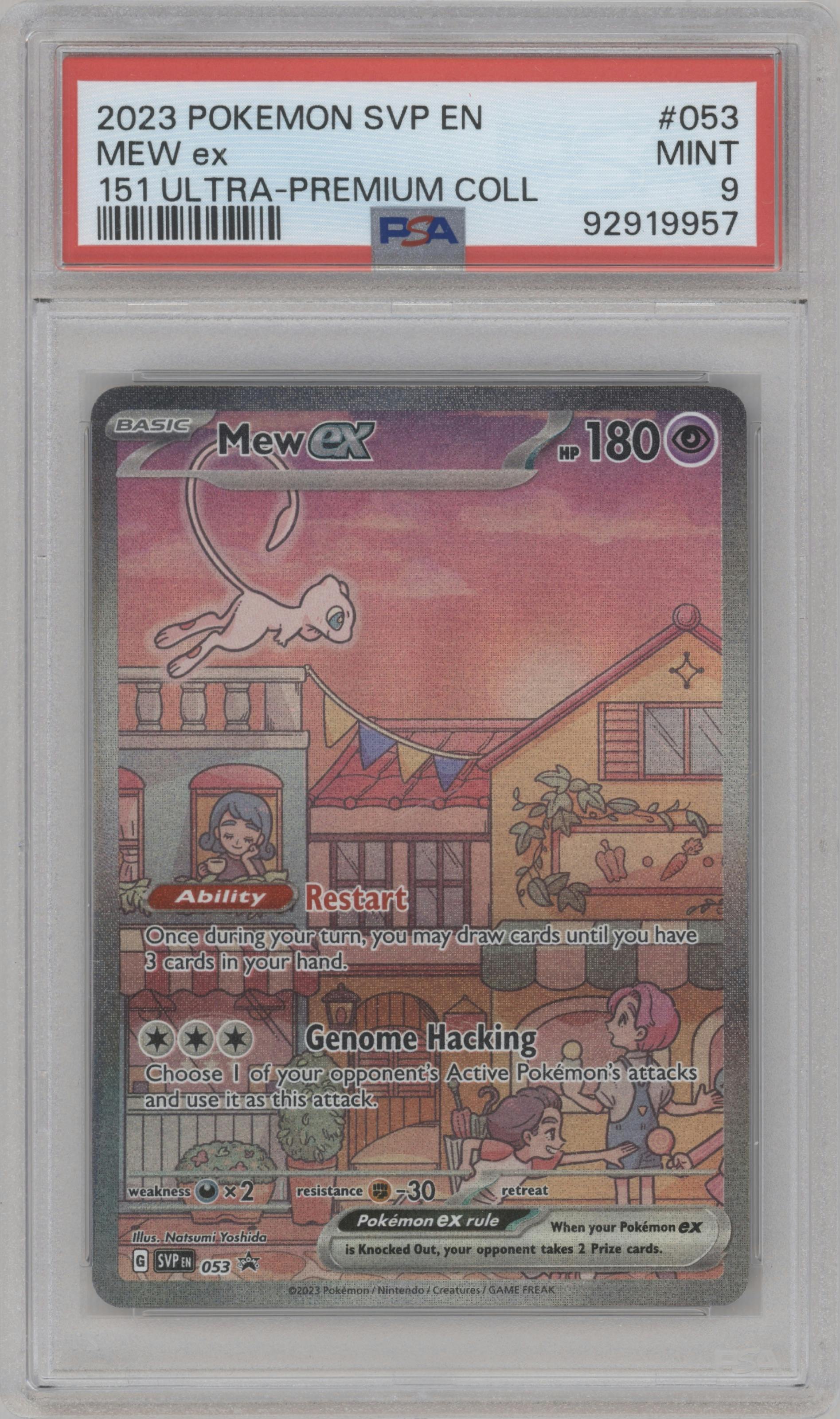 Mew ex from the 2023 Pokemon SV set featuring a Scarlet & Violet 151 Ultra Premium Collection parallel graded by PSA and given an overall grade of 9.