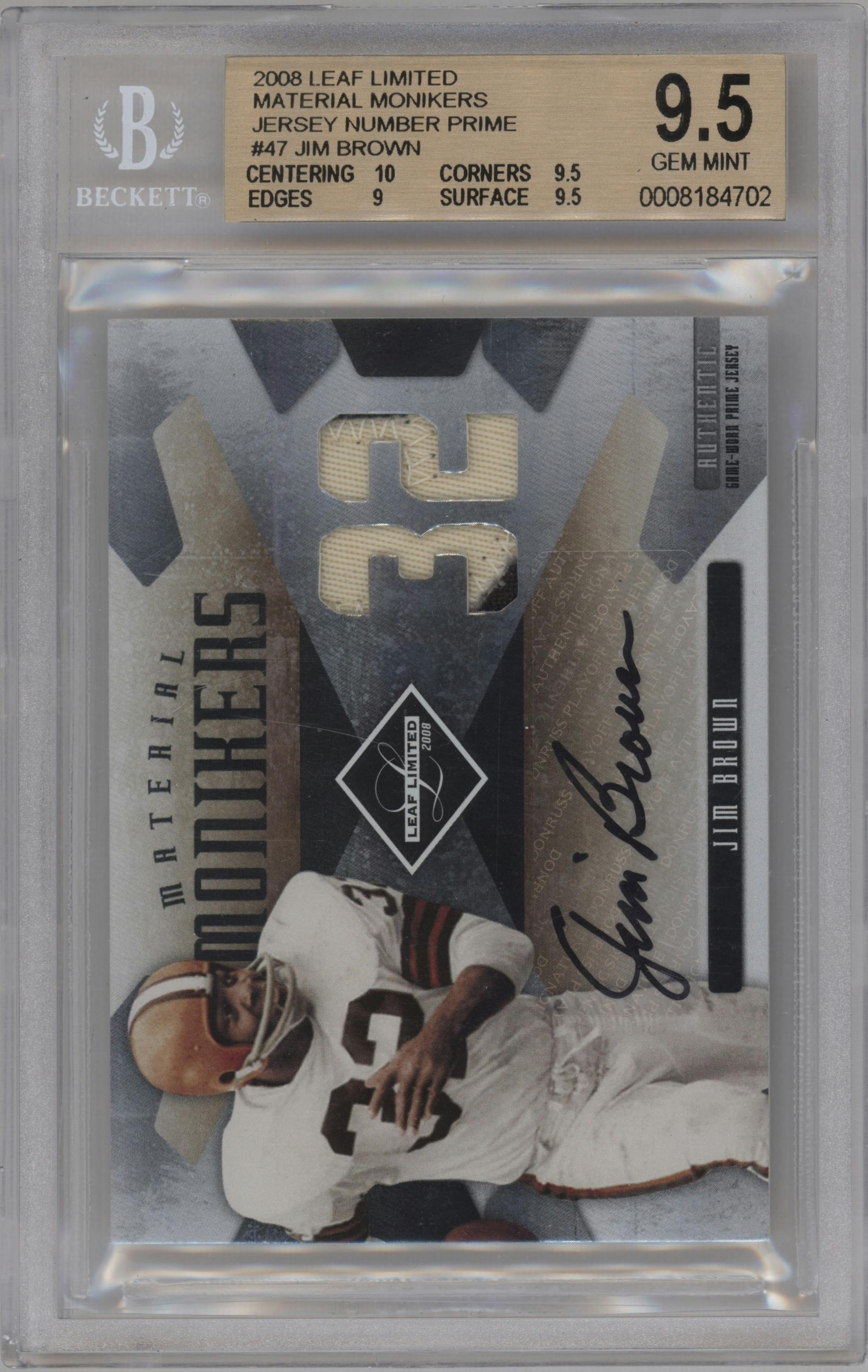 Jim Brown from the 2008 Leaf Limited set featuring a Prime parallel graded by Beckett and given an overall grade of 9.5.