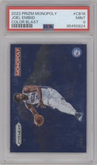 Joel Embiid from the 2022-23 Panini Prizm Monopoly set graded by PSA and given an overall grade of 9.
