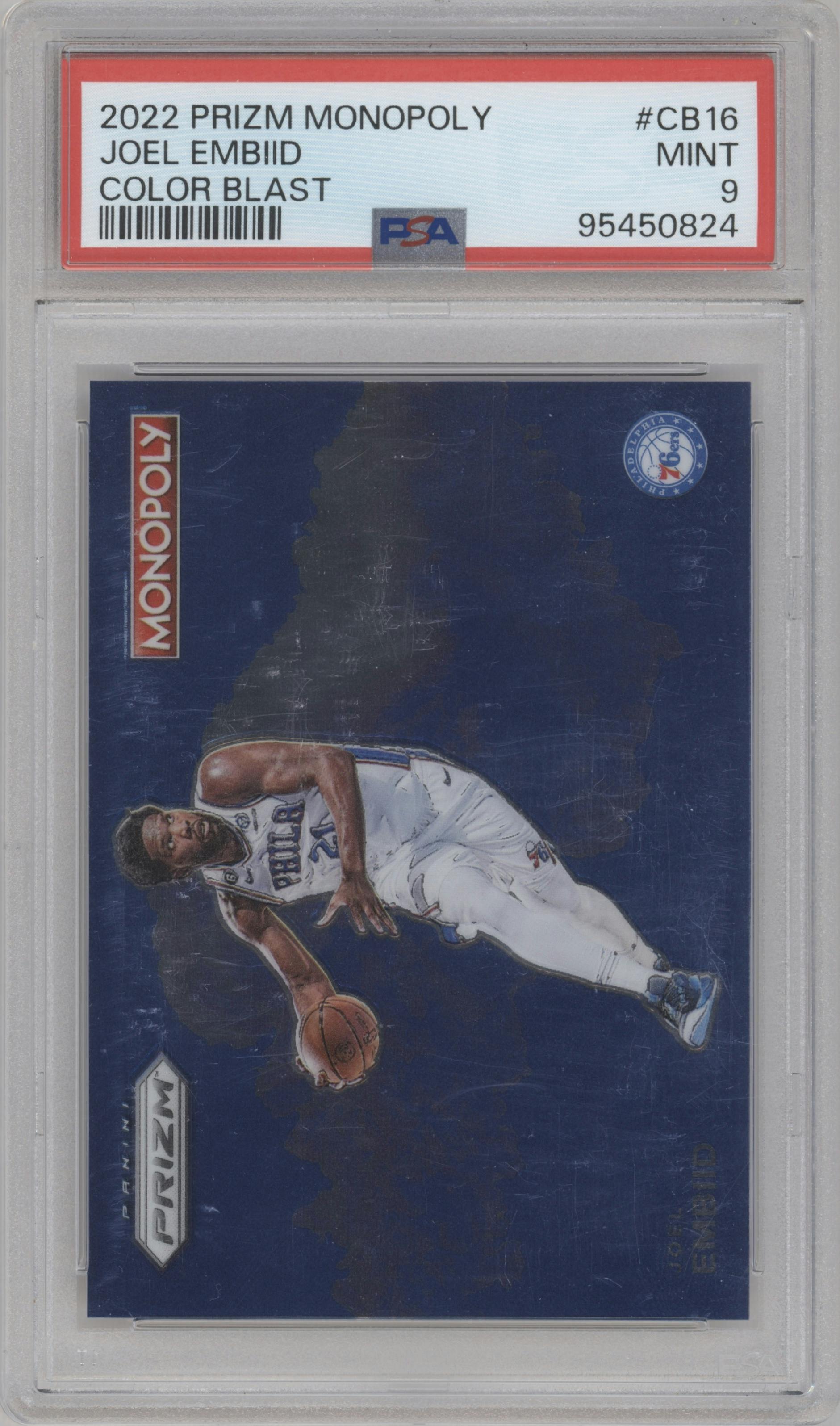 Joel Embiid from the 2022-23 Panini Prizm Monopoly set graded by PSA and given an overall grade of 9.
