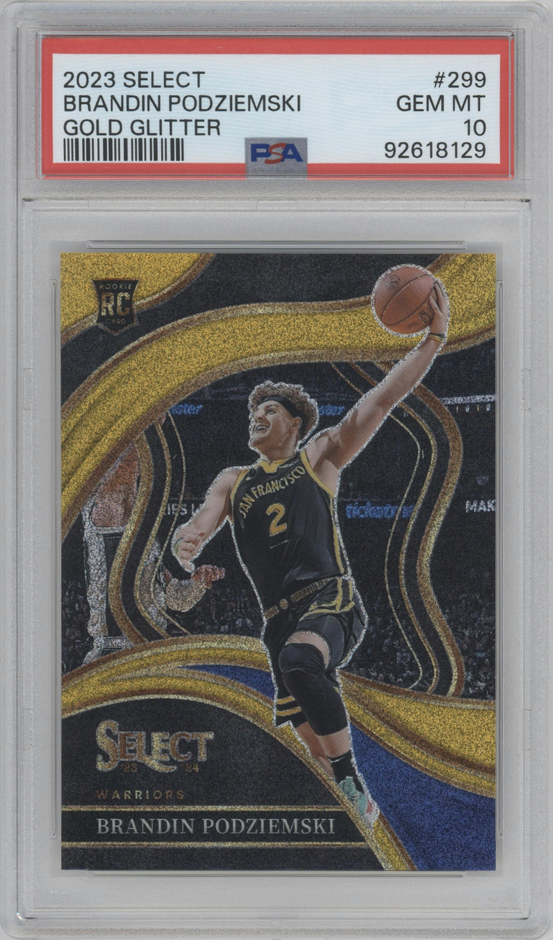 Brandin Podziemski from the 2023-24 Panini Select  set featuring a Gold Glitter parallel graded by PSA and given an overall grade of 10.