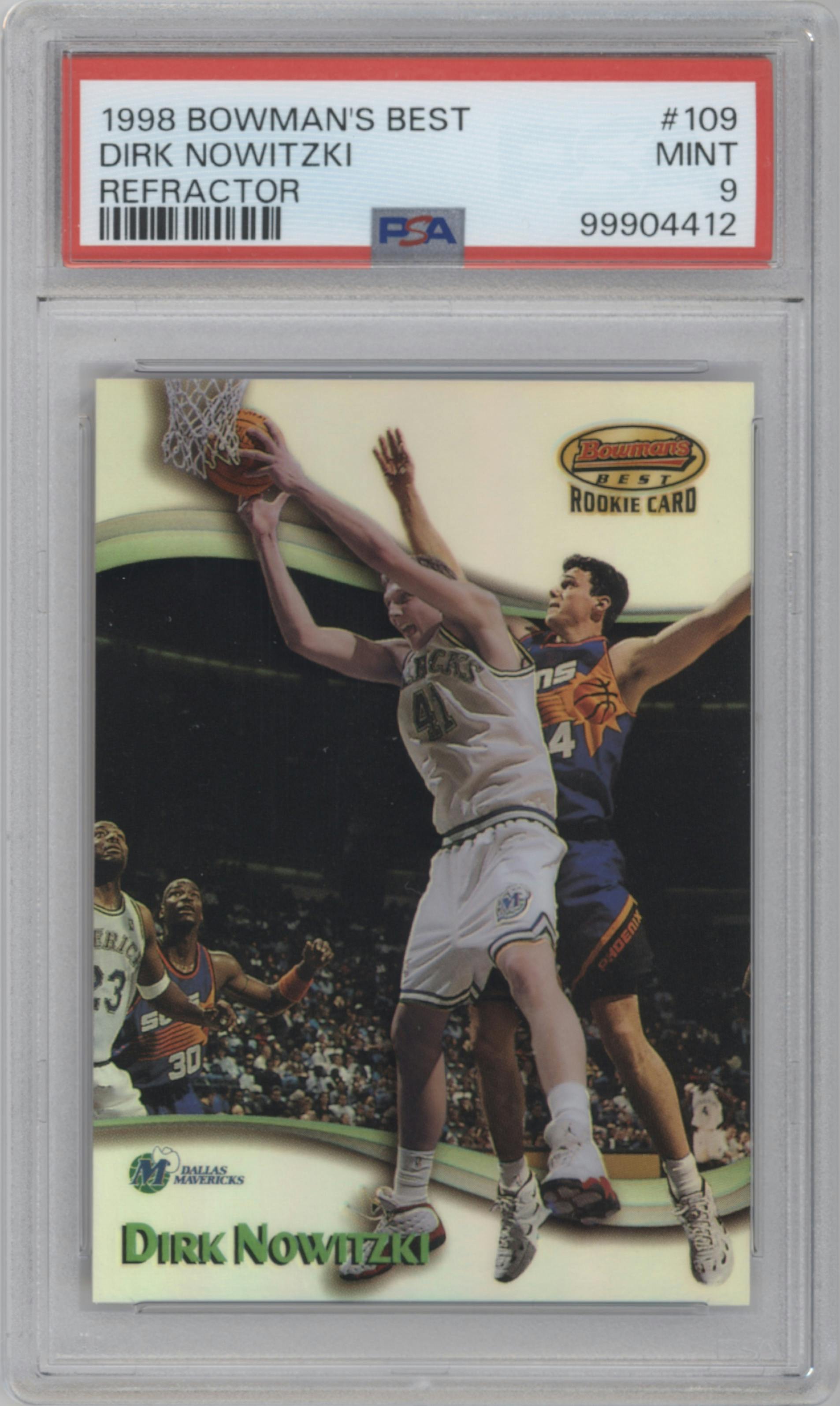 Dirk Nowitzki from the 1998-99 Bowman’s Best set featuring a Refractor parallel graded by PSA and given an overall grade of 9.