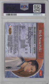 Dirk Nowitzki from the 1998-99 Bowman’s Best set featuring a Refractor parallel graded by PSA and given an overall grade of 9.