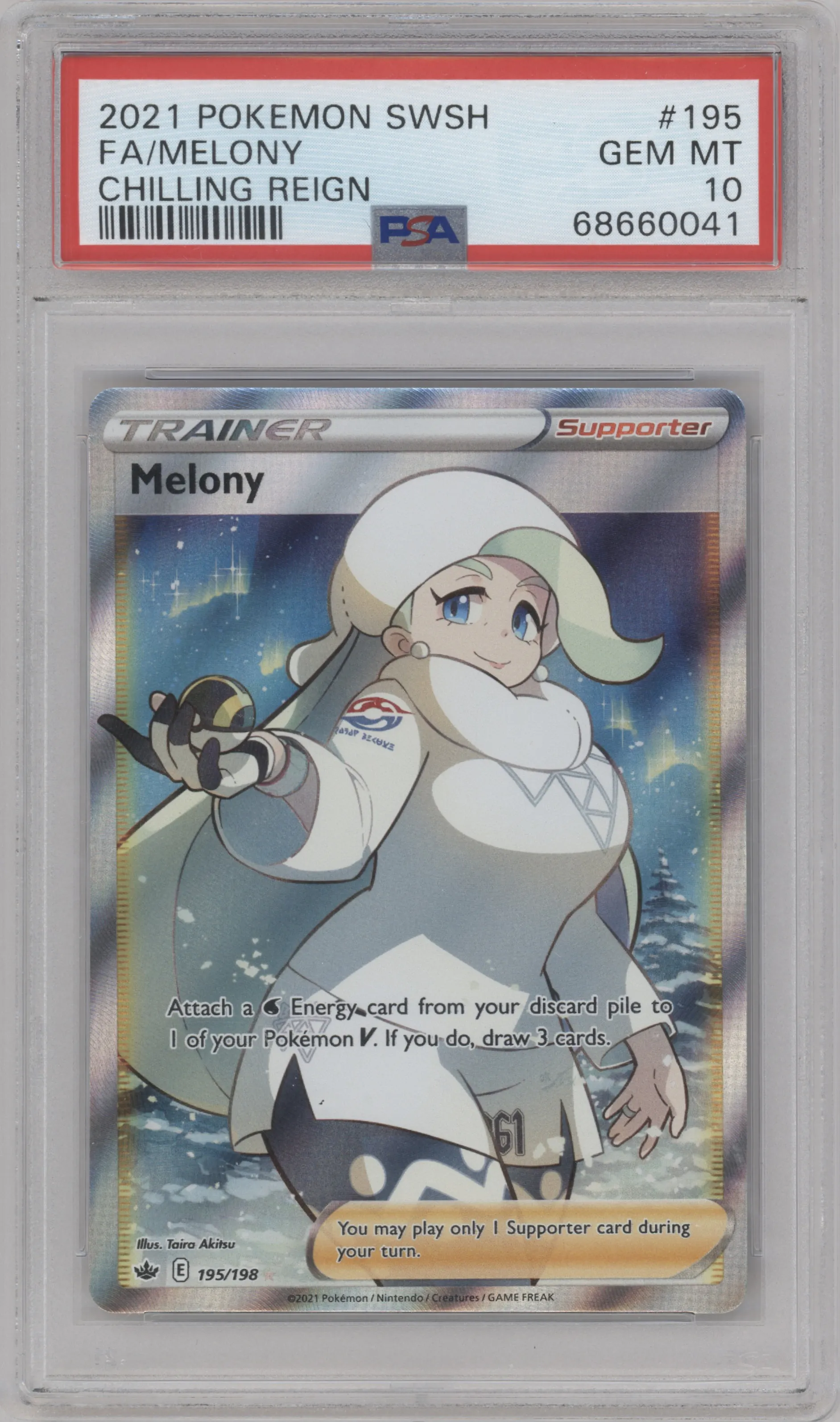 Melony from the 2021 Pokemon SWSH set graded by PSA and given an overall grade of 10.