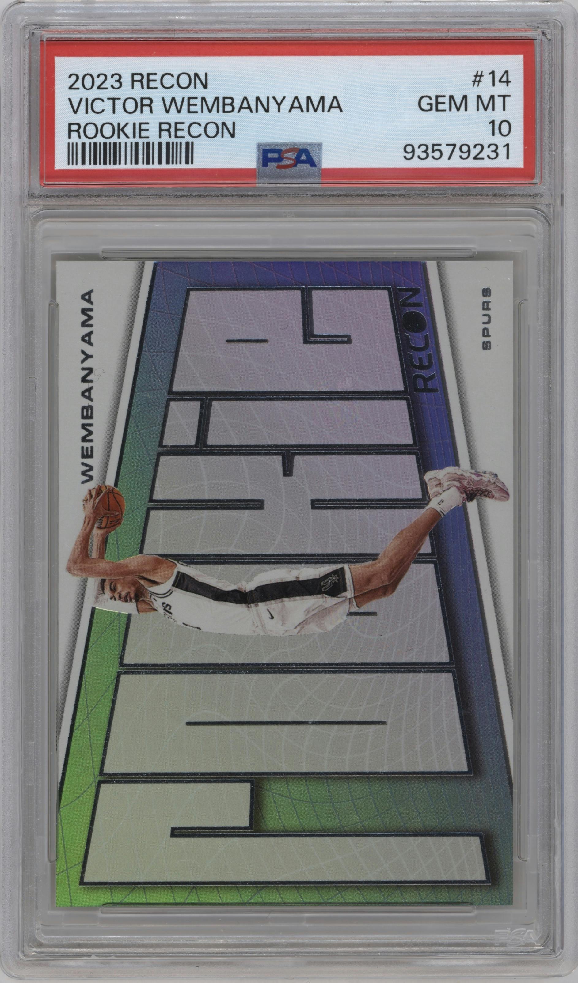 Victor Wembanyama  from the 2023-24 Panini Recon set graded by PSA and given an overall grade of 10.