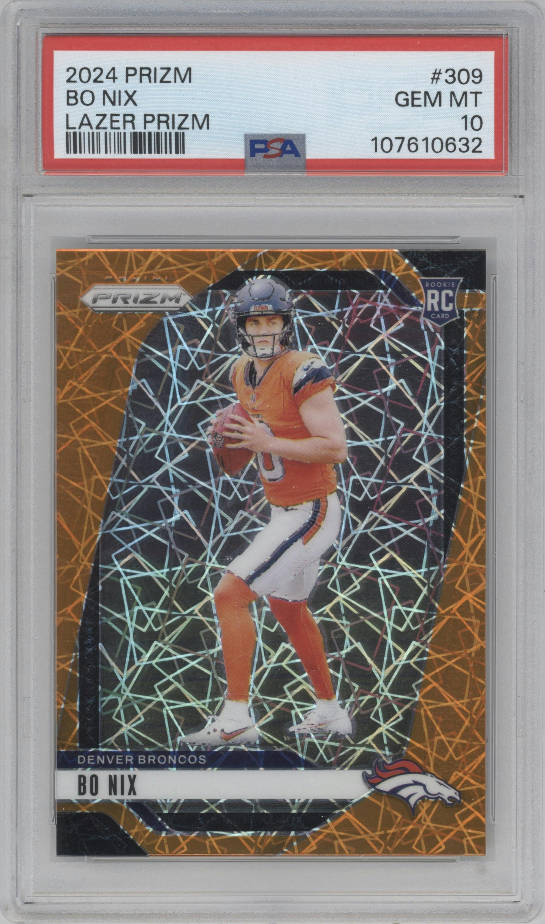 Bo Nix from the 2024 Panini Prizm set featuring a Lazer Prizm parallel graded by PSA and given an overall grade of 10.