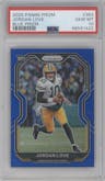 Jordan Love from the 2020 Panini Prizm set featuring a Blue Prizm parallel graded by PSA and given an overall grade of 10.