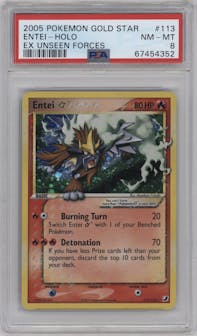 Entei Gold Star from the 2005 Pokemon EX set graded by PSA and given an overall grade of 8.