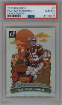 Patrick Mahomes II from the 2025 Panini Donruss set graded by PSA and given an overall grade of 10.