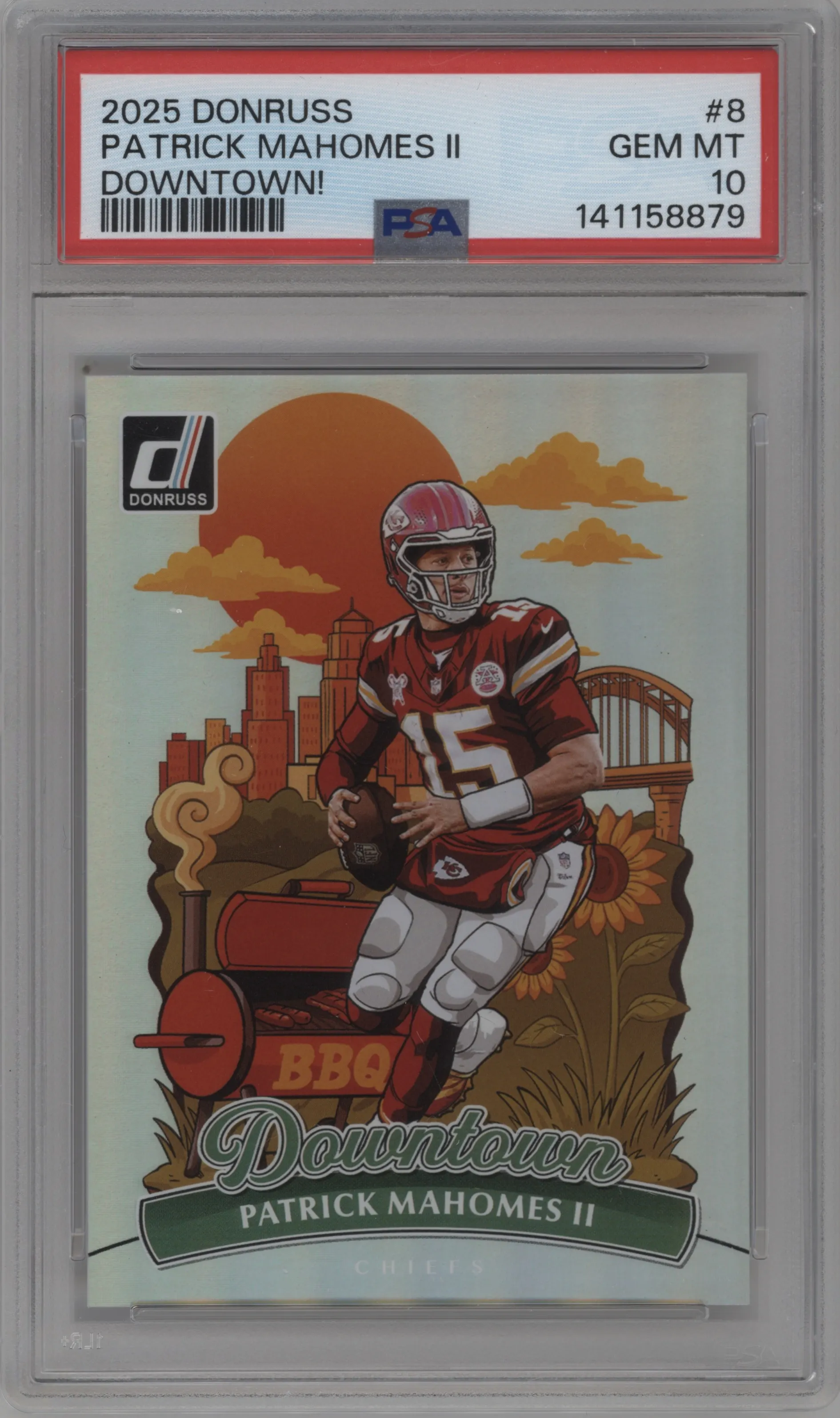 Patrick Mahomes II from the 2025 Panini Donruss set graded by PSA and given an overall grade of 10.
