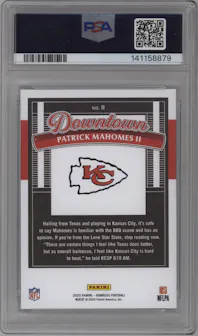 Patrick Mahomes II from the 2025 Panini Donruss set graded by PSA and given an overall grade of 10.