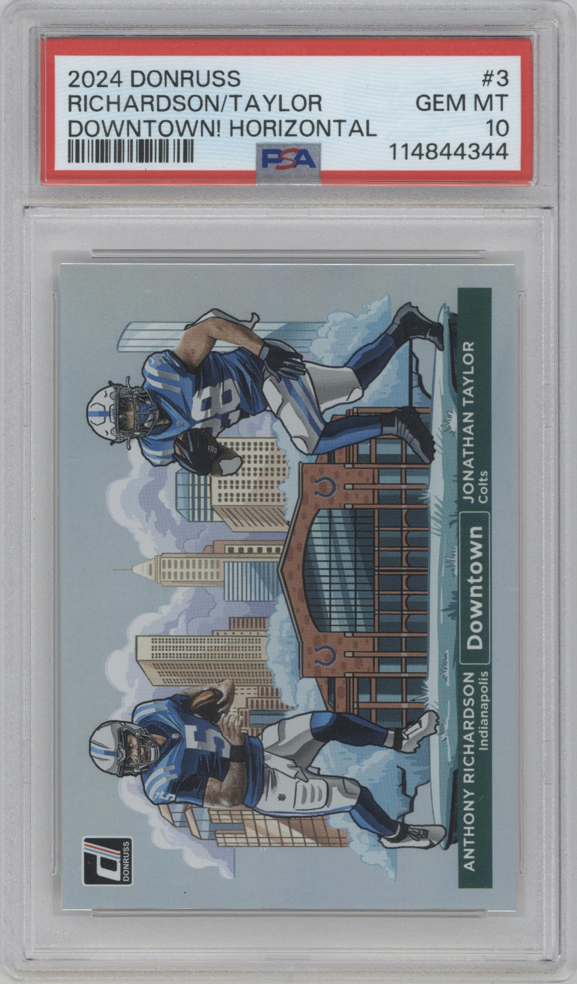 Anthony Richardson/Jonathan Taylor from the 2024 Donruss set graded by PSA and given an overall grade of 10.