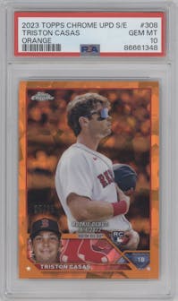Triston Casas from the 2023 Topps Chrome Update Series Sapphire Edition set featuring a Orange parallel graded by PSA and given an overall grade of 10.