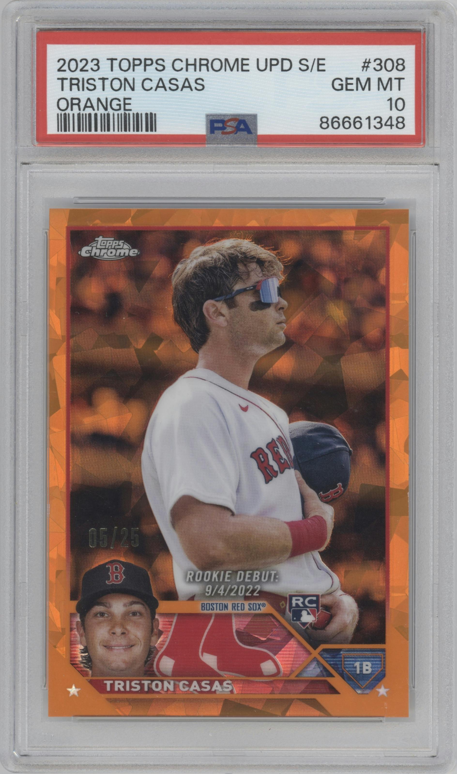 Triston Casas from the 2023 Topps Chrome Update Series Sapphire Edition set featuring a Orange parallel graded by PSA and given an overall grade of 10.