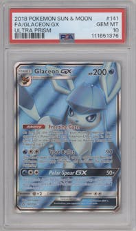 Glaceon GX from the 2018 Pokemon S&M  set graded by PSA and given an overall grade of 10.