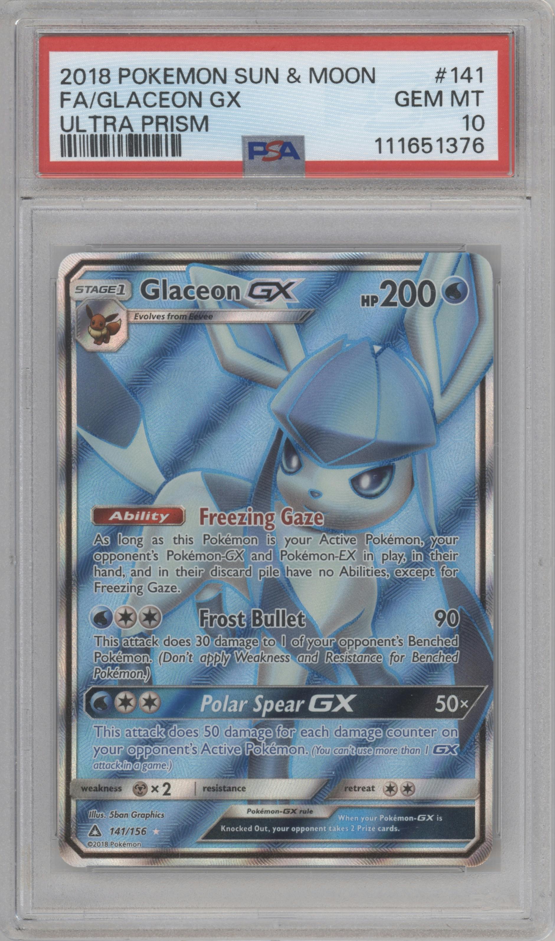 Glaceon GX from the 2018 Pokemon S&M  set graded by PSA and given an overall grade of 10.