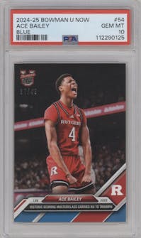 Ace Bailey from the 2024-25 Bowman U Now set featuring a Blue parallel graded by PSA and given an overall grade of 10.