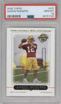 Aaron Rodgers from the 2005 Topps set graded by PSA and given an overall grade of 10.