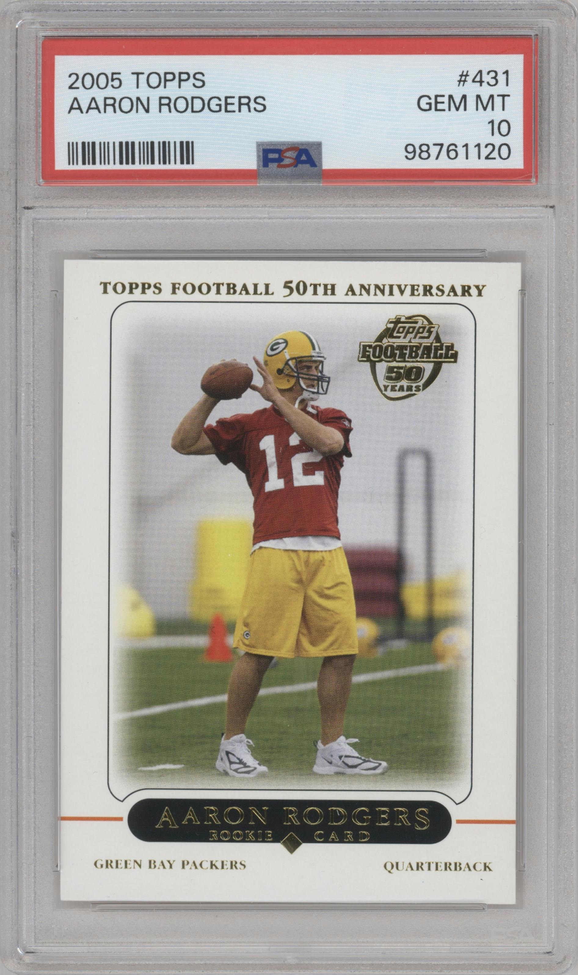 Aaron Rodgers from the 2005 Topps set graded by PSA and given an overall grade of 10.