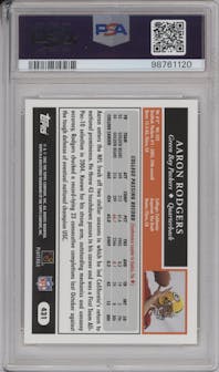 Aaron Rodgers from the 2005 Topps set graded by PSA and given an overall grade of 10.