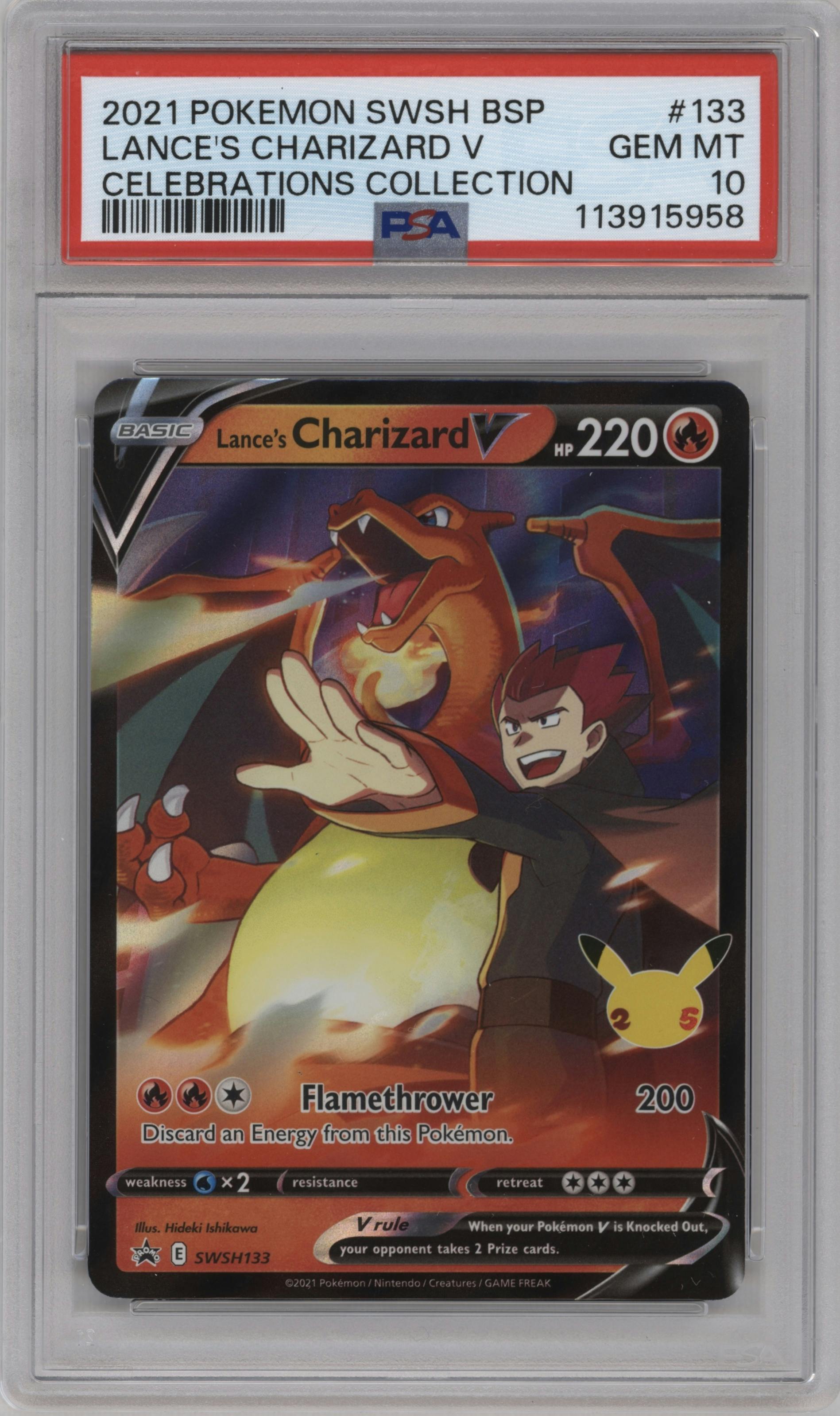 Lance's Charizard V from the 2021 Pokemon SWSH set featuring a Celebrations Collection parallel graded by PSA and given an overall grade of 10.