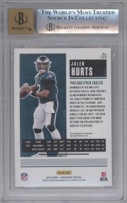 Jalen Hurts from the 2020 Panini Contenders set featuring a Cracked Ice parallel graded by Beckett and given an overall grade of 9.