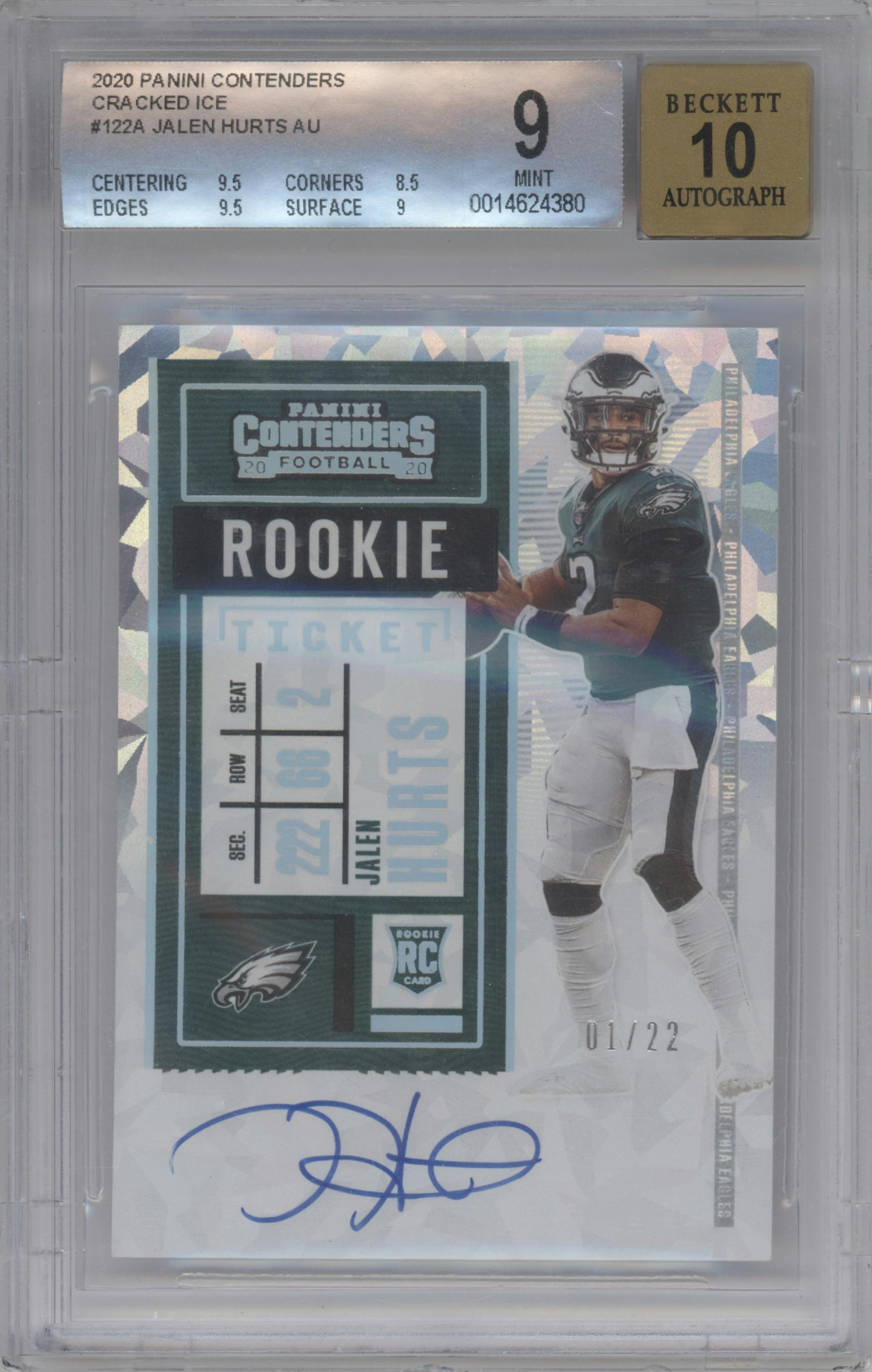 Jalen Hurts from the 2020 Panini Contenders set featuring a Cracked Ice parallel graded by Beckett and given an overall grade of 9.