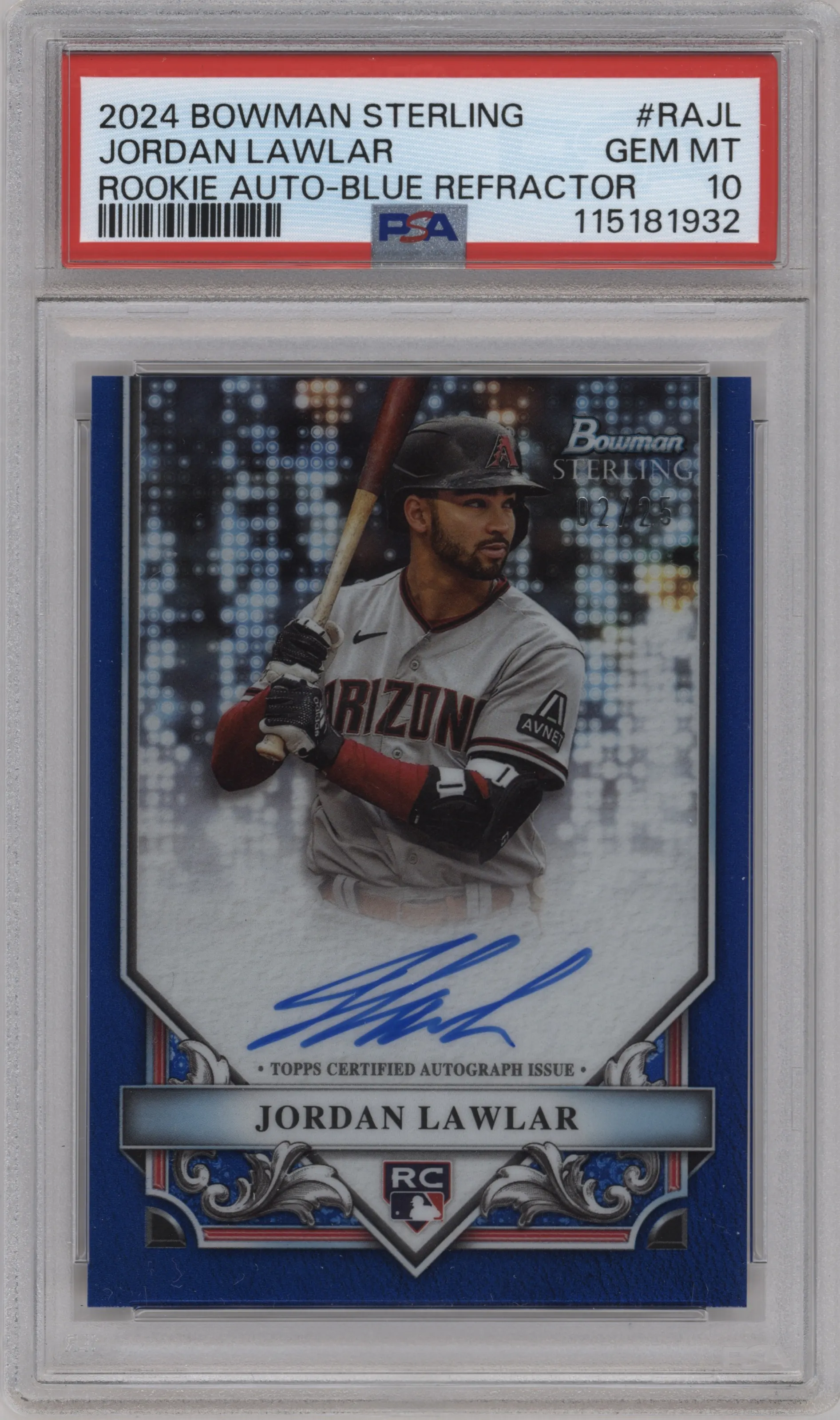 2024 Bowman Sterling Rke.Auto Jordan Lawlar Blue Refractor PSA 10