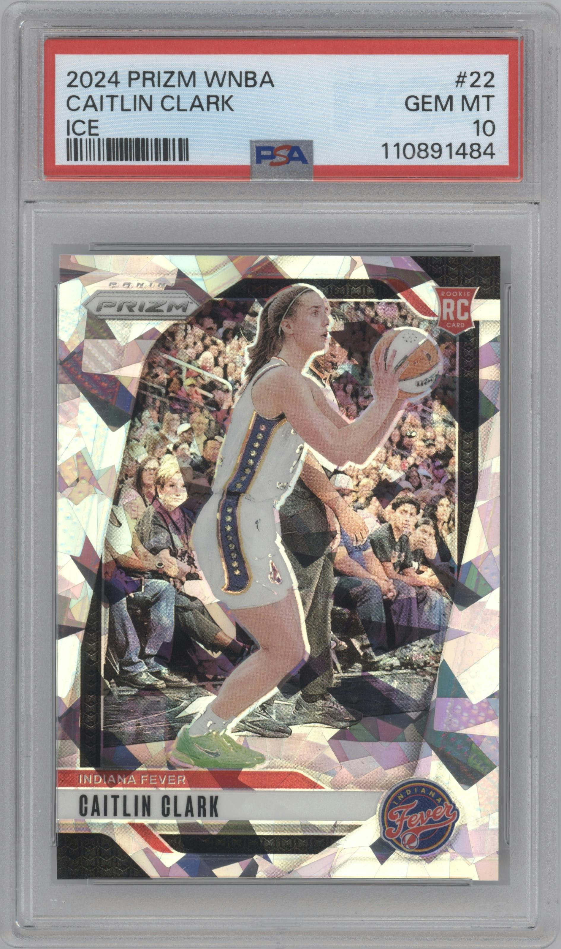 Caitlin Clark from the 2024 Panini Prizm WNBA set featuring a Ice parallel graded by PSA and given an overall grade of 10.