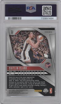 Caitlin Clark from the 2024 Panini Prizm WNBA set featuring a Ice parallel graded by PSA and given an overall grade of 10.