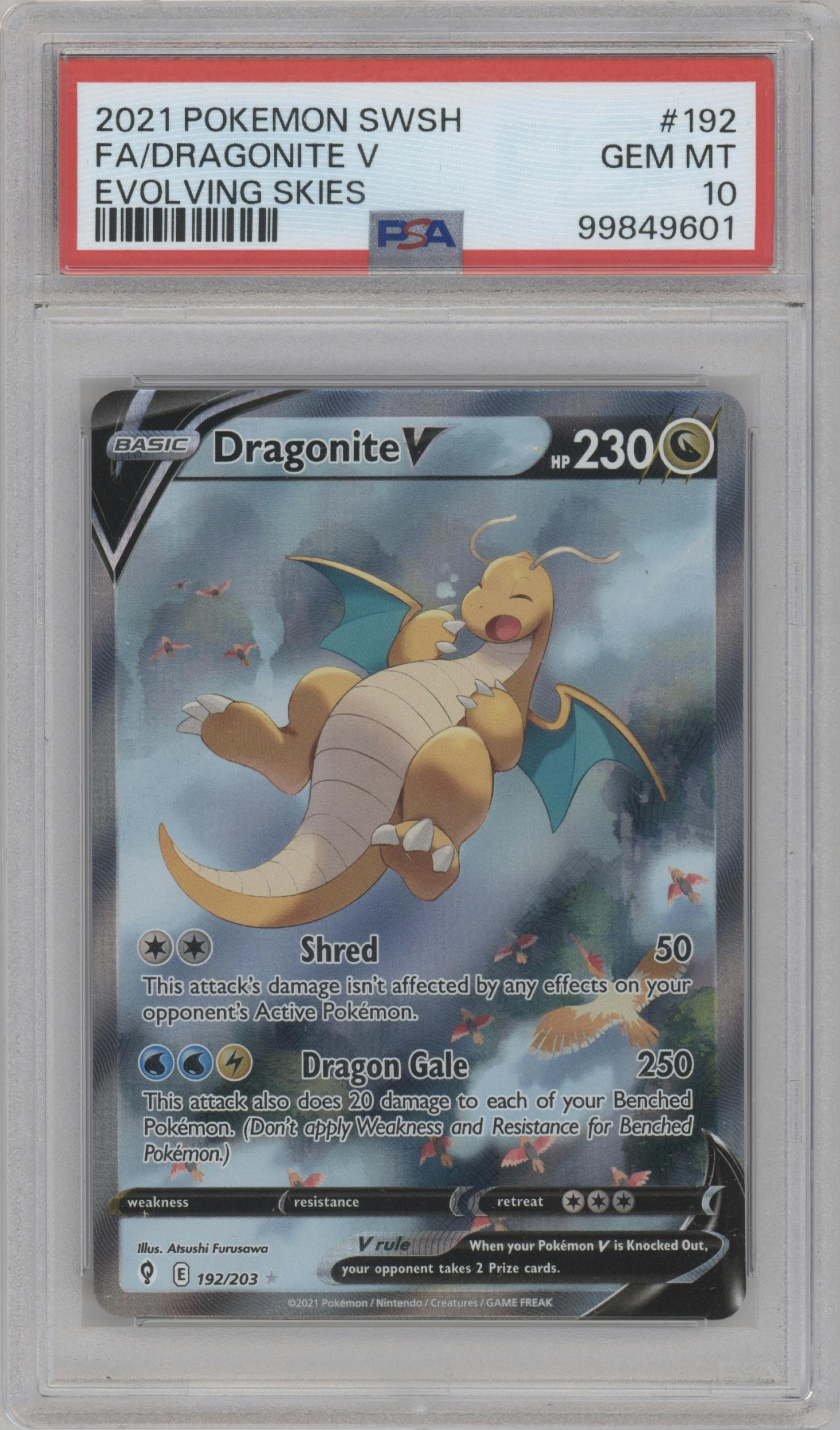 Dragonite V from the 2021 Pokemon SWSH set graded by PSA and given an overall grade of 10.