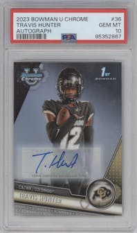 Travis Hunter from the 2023 Bowman Chrome University set graded by PSA and given an overall grade of 10.