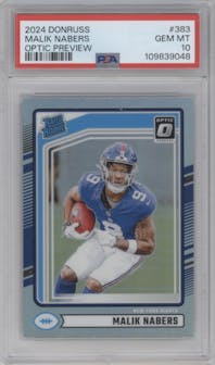 Malik Nabers from the 2024 Donruss set featuring a Holo parallel graded by PSA and given an overall grade of 10.