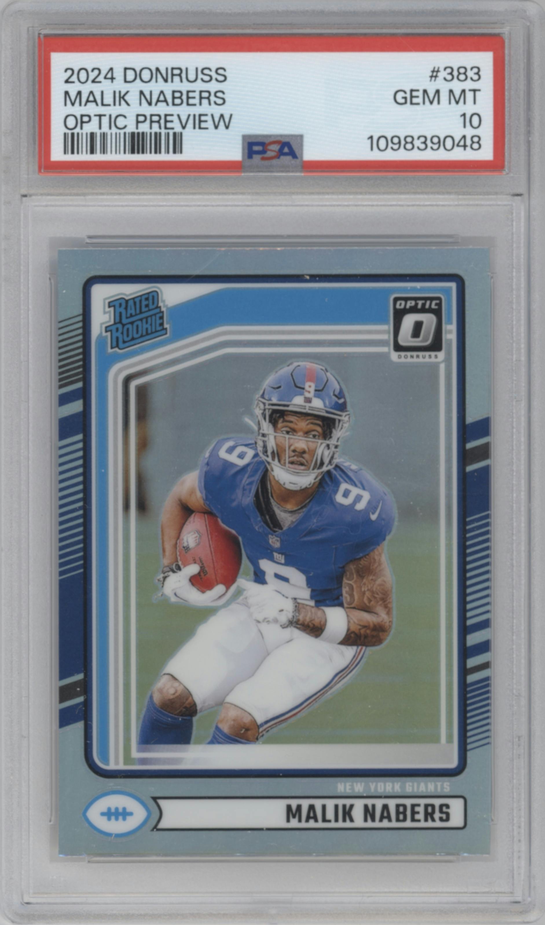 Malik Nabers from the 2024 Donruss set featuring a Holo parallel graded by PSA and given an overall grade of 10.
