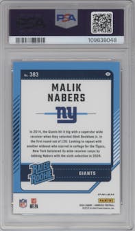 Malik Nabers from the 2024 Donruss set featuring a Holo parallel graded by PSA and given an overall grade of 10.