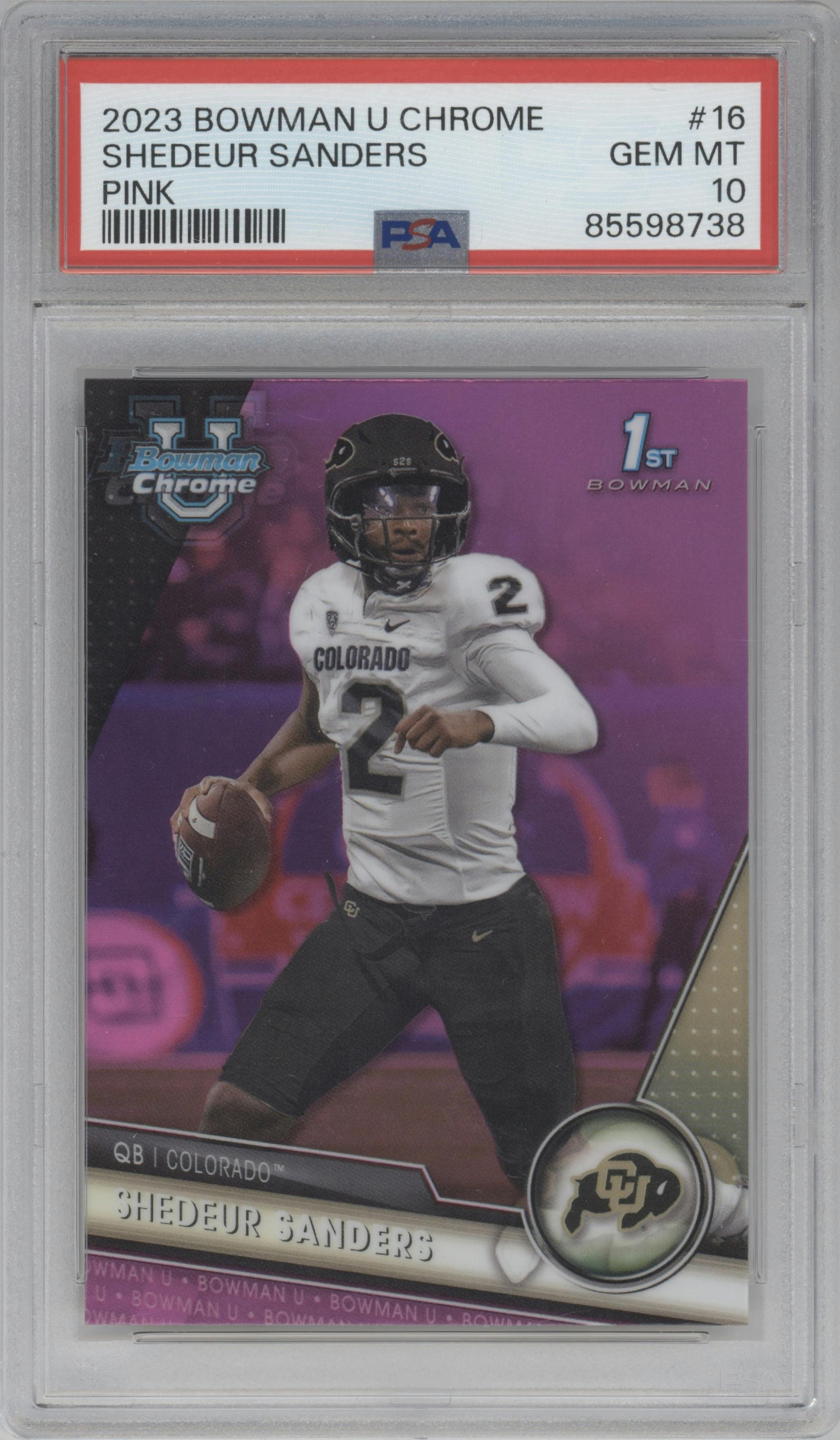 Shedeur Sanders from the 2023 Bowman Chrome University set featuring a Pink Refractor parallel graded by PSA and given an overall grade of 10.