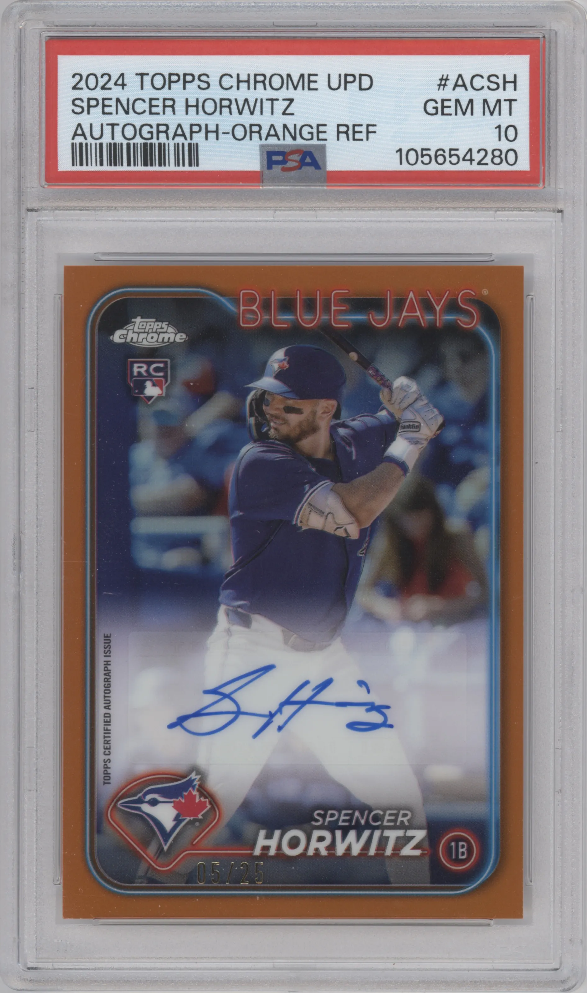 2024 Topps Chrome Update Auto Spencer Horwitz Orange Refractor PSA 10