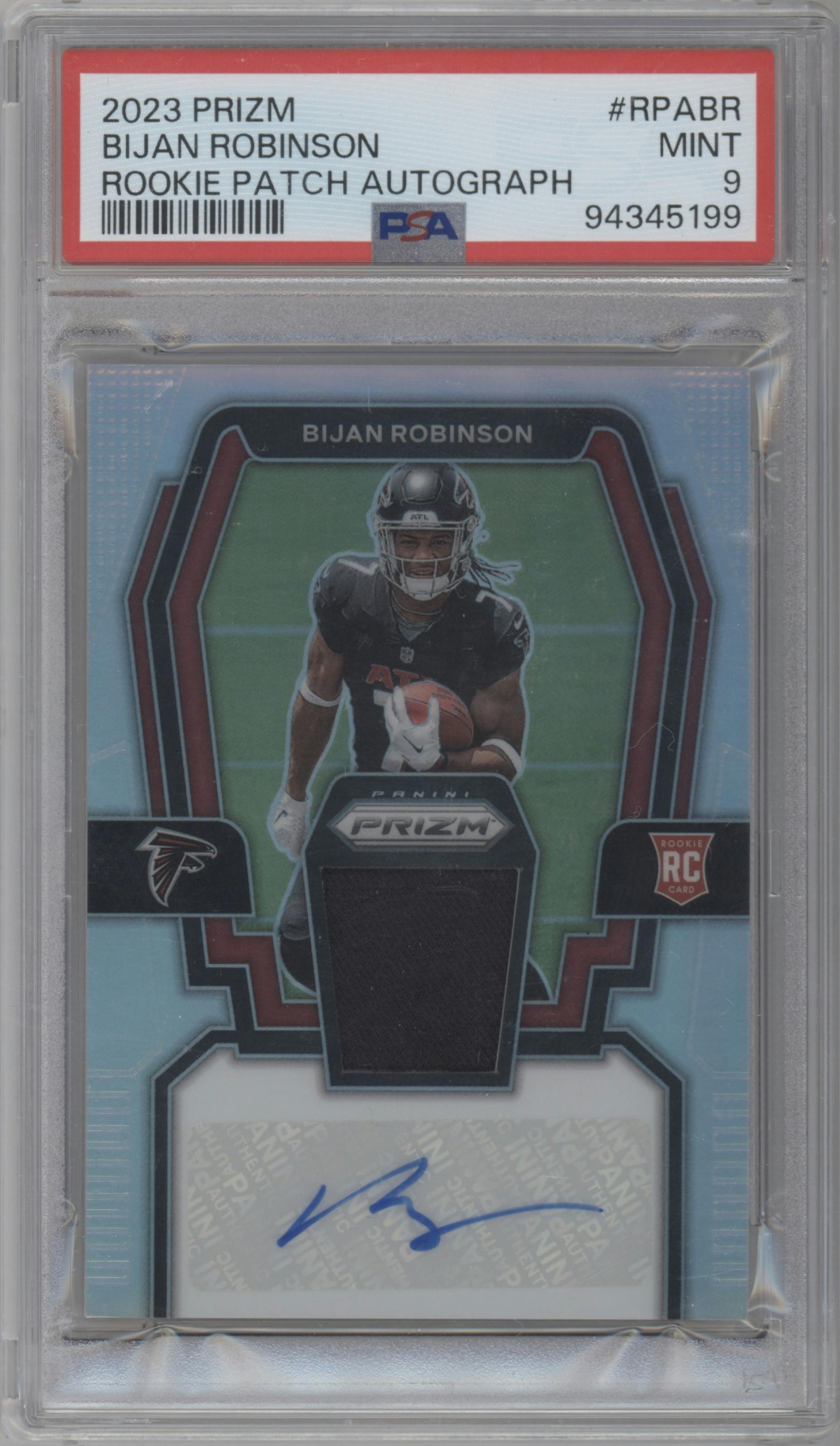 Bijan Robinson from the 2023 Panini Prizm set graded by PSA and given an overall grade of 9.