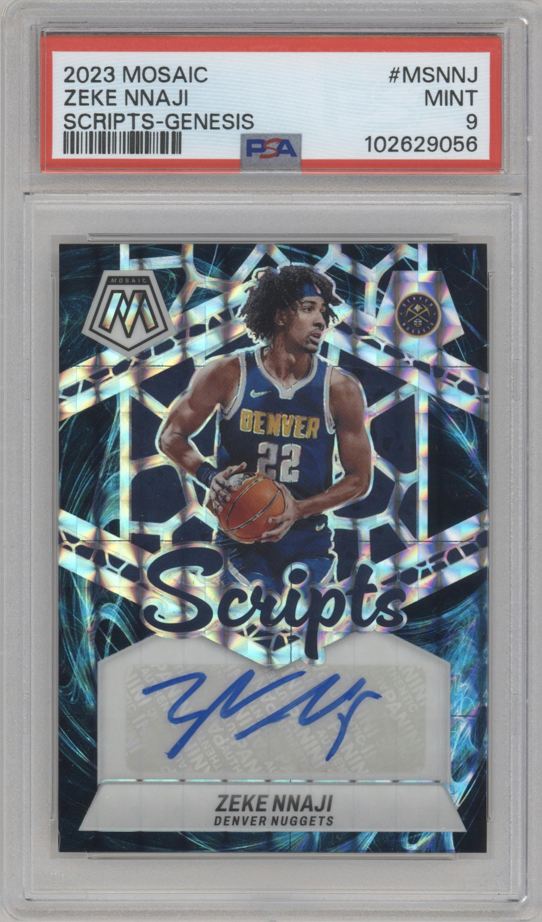 Zeke Nnaji  from the 2023-24 Panini Mosaic set featuring a Genesis parallel graded by PSA and given an overall grade of 9.