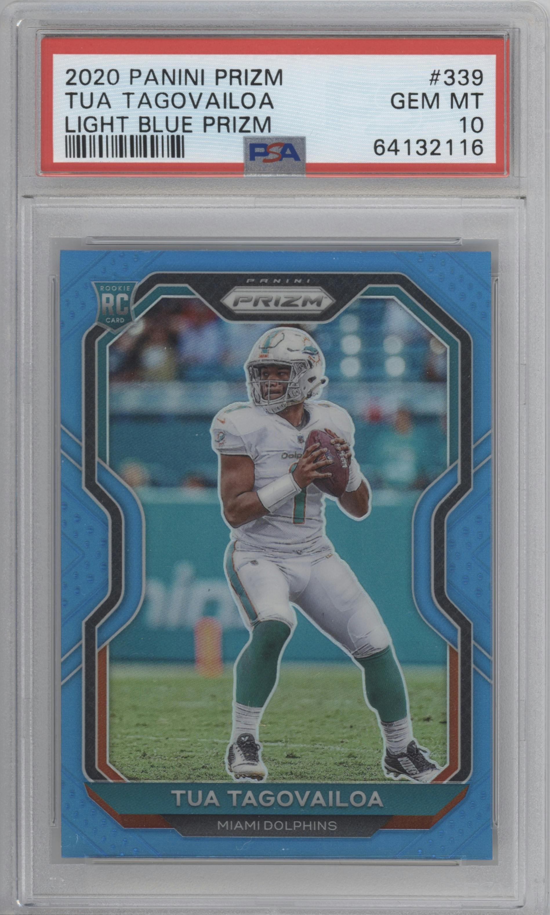 Tua Tagovailoa from the 2020 Panini Prizm set featuring a Light Blue Prizm parallel graded by PSA and given an overall grade of 10.