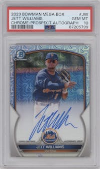 Jett Williams from the 2023 Bowman Mega Box set graded by PSA and given an overall grade of 10.
